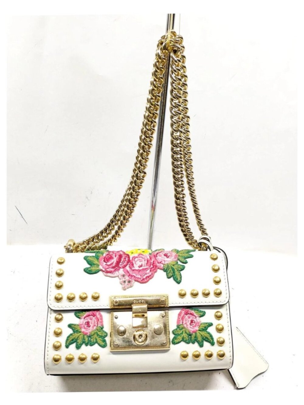 Authentic Gucci Padlock Embroidered Floral Studded White Leather Chain Crossbody - Picture 2 of 16